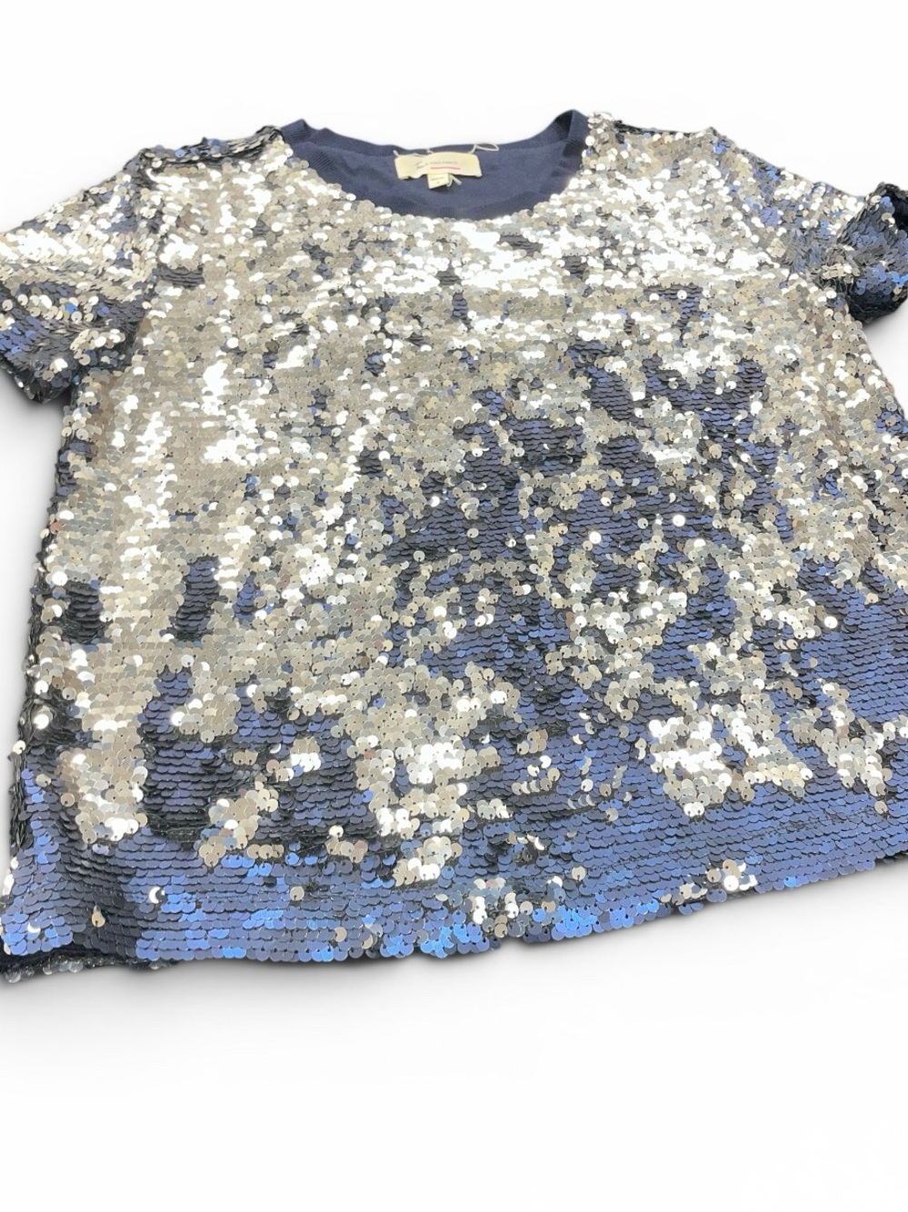Two by Vince Camuto Solid Sequin Top Navy Blue Silver Womens Size S Shirt